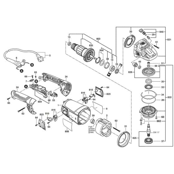 Main Assembly for Bosch GWS 22-230 P (3 601 HC1 102) Angle Grinders