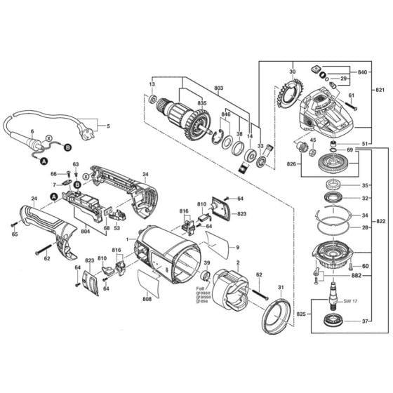 Main Assembly for Bosch GWS 20-230 P (3 601 HC1 101) Angle Grinders