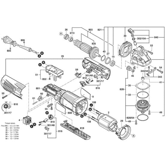 Main Assembly for Bosch GWS 11-125P (3 601 G92 270) Angle Grinders