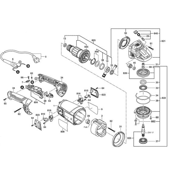 Main Assembly for Bosch GWS 22-230 P (3 601 HC1 170) Angle Grinder