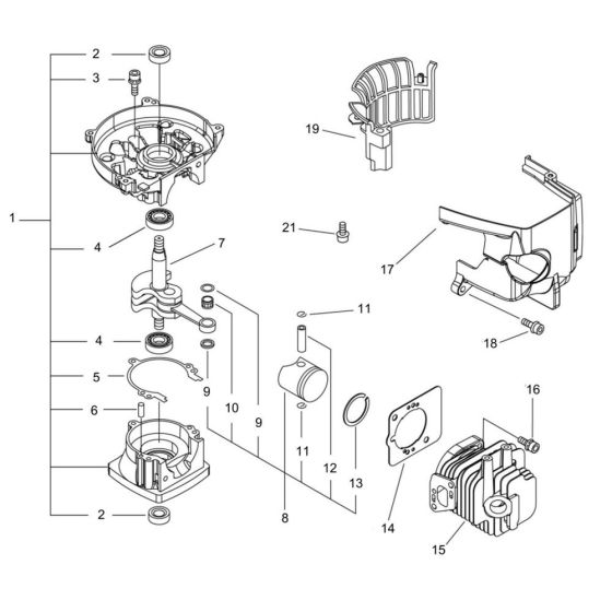 Cylinder, Crankcase, Piston for ECHO HC-331ES Hedgetrimmer