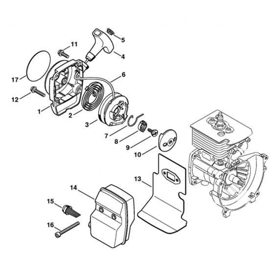 Rewind Starter, Muffler  Assembly for Stihl HL73 Long Reach Hedgetrimmers