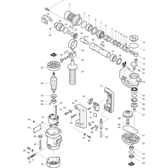 Main Assembly for Makita HR3520 Rotary Demolition Breaker.