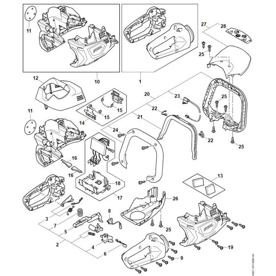 Handle housing, Motor housing, Electronic module for Stihl HSA 100 Cordless Hedge Trimmer