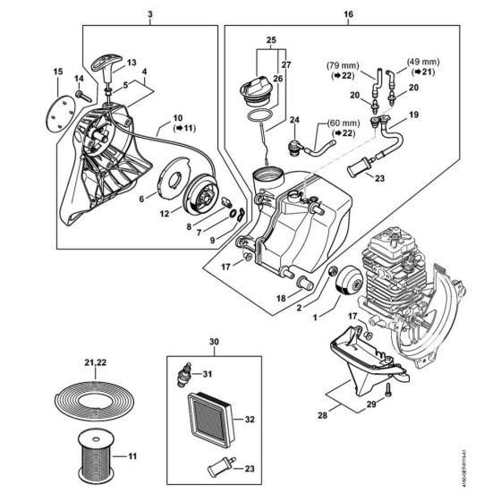 Rewind starter, Fuel tank for Stihl HT 135 Pole Pruner