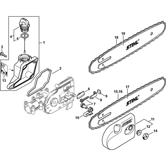 Oil tank, Chain sprocket cover (38.2016) Assembly for Stihl HT101 Pole Pruners