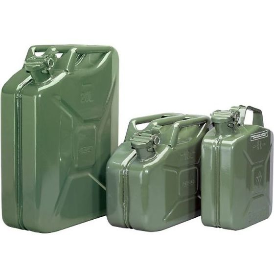 Steel Jerry Cans (Jerricans) - 5, 10 & 20 Litre - Green, Black & Red