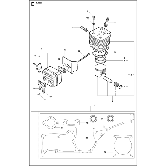 Cylinder, Piston & Muffler Assembly for Husqvarna K1250 Disc Cutters