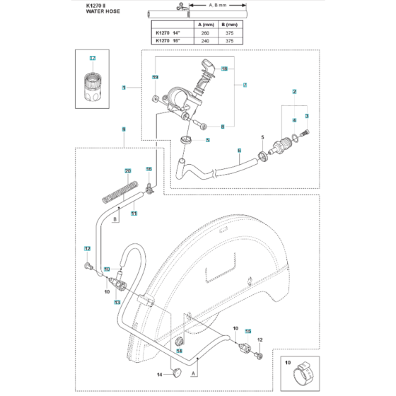 Water Hose Assembly for Husqvarna K1270 Rail II Disc Cutter