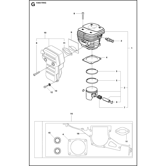 Cylinder, Piston & Muffler Assembly for Husqvarna K950 Ring Disc Cutters