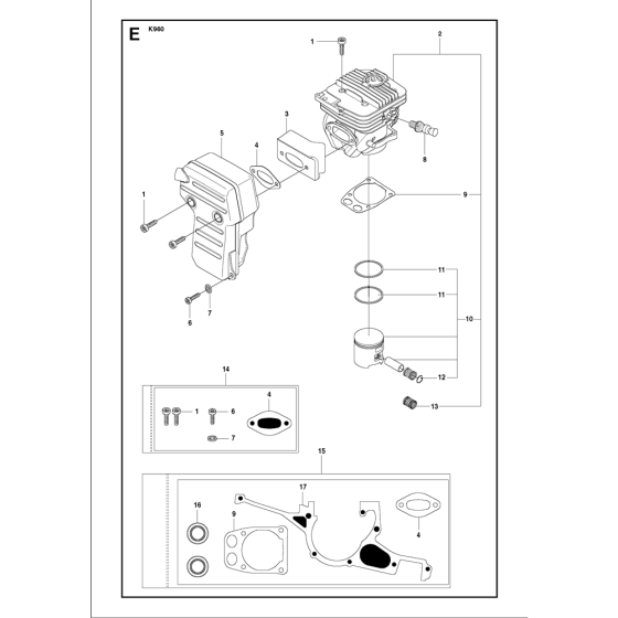 Cylinder, Piston & Muffler Assembly for Husqvarna K960 Disc Cutters