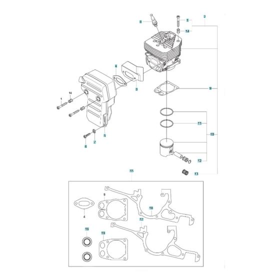 Cylinder, Piston, Muffler Assembly for Husqvarna K970 Chain III (2-Bolt) Concrete Cutter