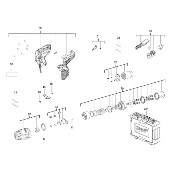 Complete Assembly for Milwaukee M12BIW12 Cordless Impact Wrench