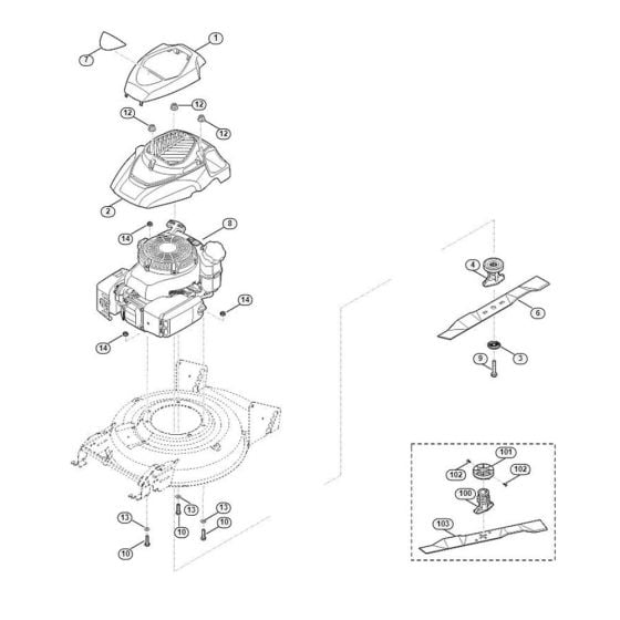 Engine, Blade for Viking MB 2.2 RT Petrol Lawn Mowers