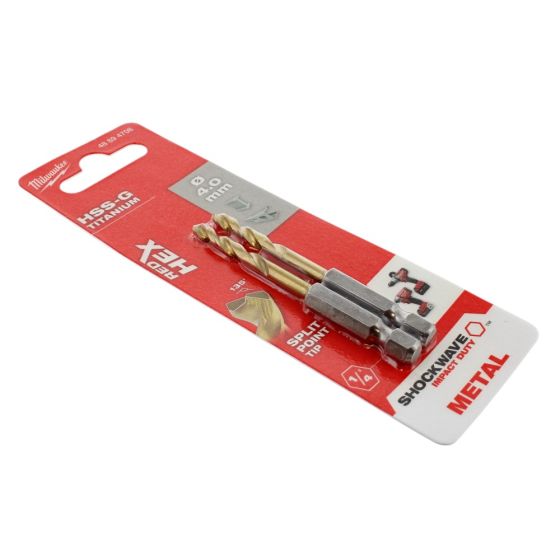 Milwaukee 4mm Red Hex HSS-G Titanium Impact Rated Drill Bits 4mm x 71.5mm - 2 Pieces