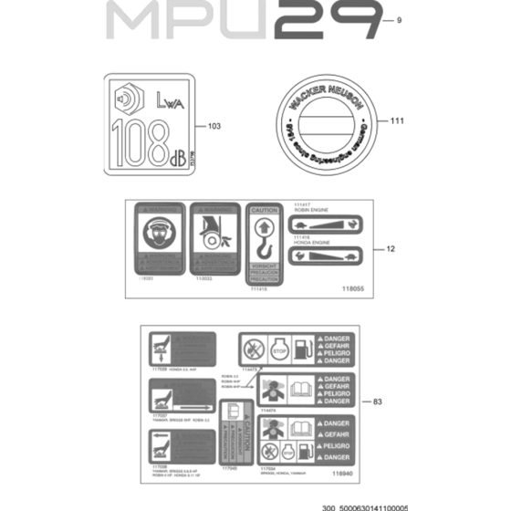 Labels for Wacker MPU29 5000630141 (Petrol) Rev. 103 Reversible Plate Compactors