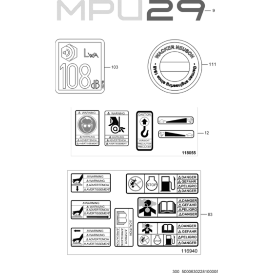 Labels for Wacker MPU29A 5000630244 (Petrol) Rev. 102 Reversible Plate Compactors