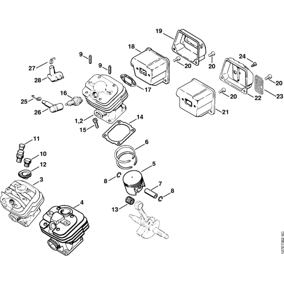 Cylinder, Muffler Assembly for Stihl 024 Gasoline Chainsaws