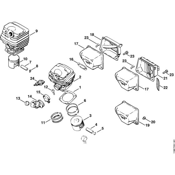 Cylinder, Muffler Assembly for Stihl 028 Gasoline Chainsaws