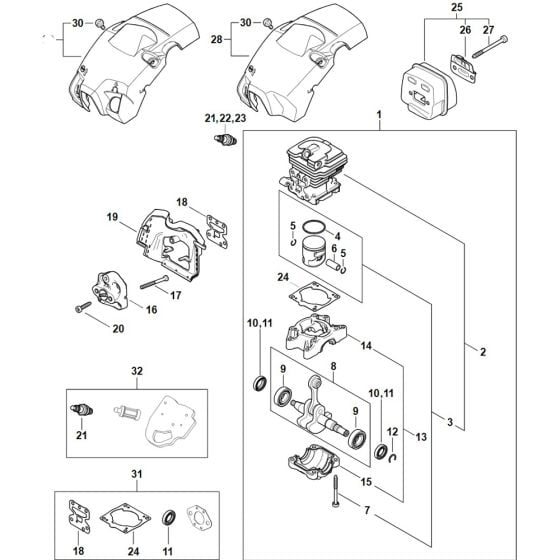 Crankcase, Cylinder, Muffler, Shroud Assembly for Stihl MS 162 Chainsaws