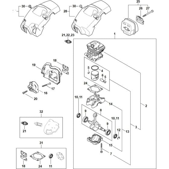 Crankcase, Cylinder, Muffler, Shroud Assembly for Stihl MS 172 Chainsaw.