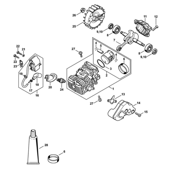 Cylinder with piston, ignition system for Stihl MS 194 T Chainsaw