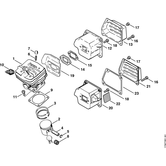 Cylinder & Muffler Assembly for Stihl MS340 Chainsaws