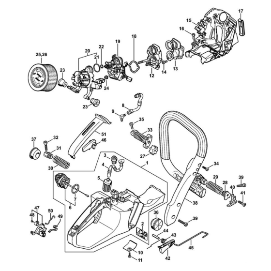 Tank housing, Filter, Av system, Handlebar for Stihl MS 400 C-M Chainsaw