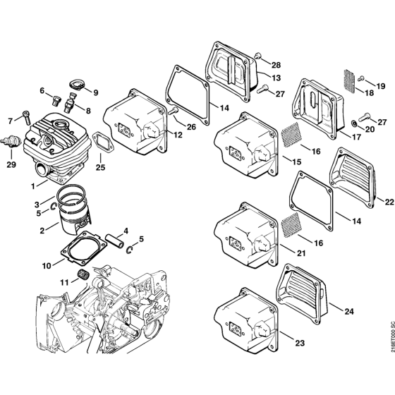 Cylinder & Muffler Assembly for Stihl MS650 Chainsaws