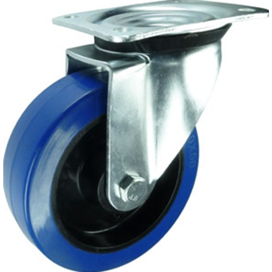 Rubber Tyre Swivel Castor c/w Nylon Centre & Roller Bearing Rectangle Plate