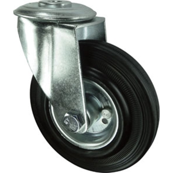 Cushion Rubber Tyre Swivel Castor - P/Steel Ctr & Roller Bearing Single Hole