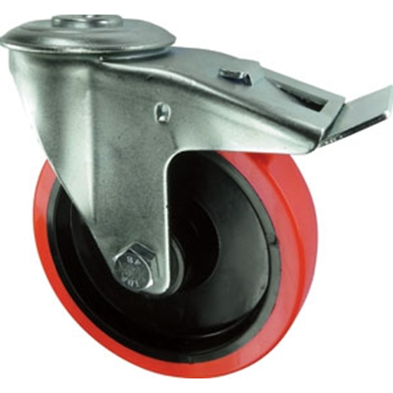 Polyprop Tyre Braked Swivel Castor - Nylon Ctr & Roller Bearing Single Hole