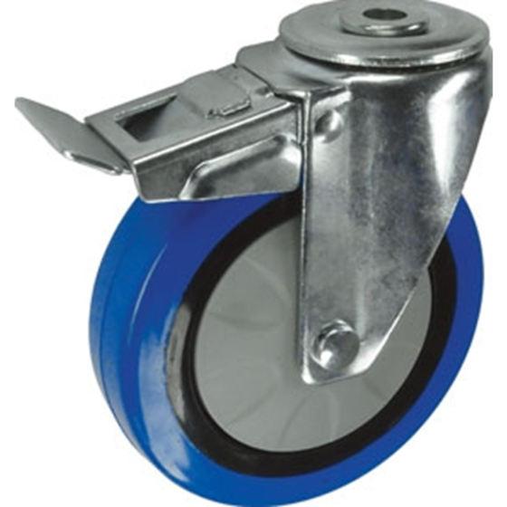 Rubber Tyre Braked Swivel Castor, Nylon Ctr, Ball Bearing & Single Hole Fix