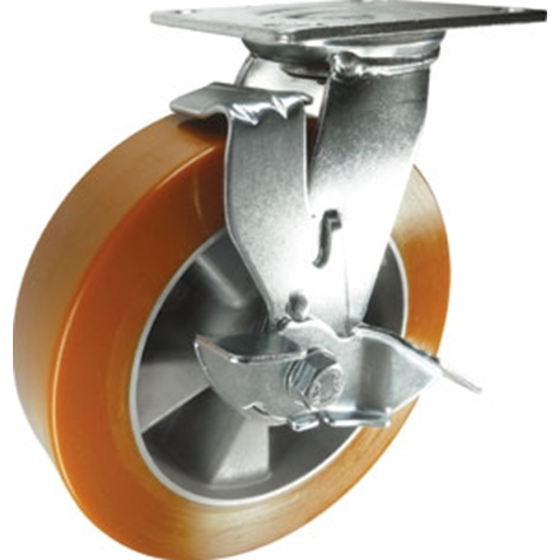 Polyurethane Tyre Braked Swivel Castor, Aluminium Centre & Rectangle Plate