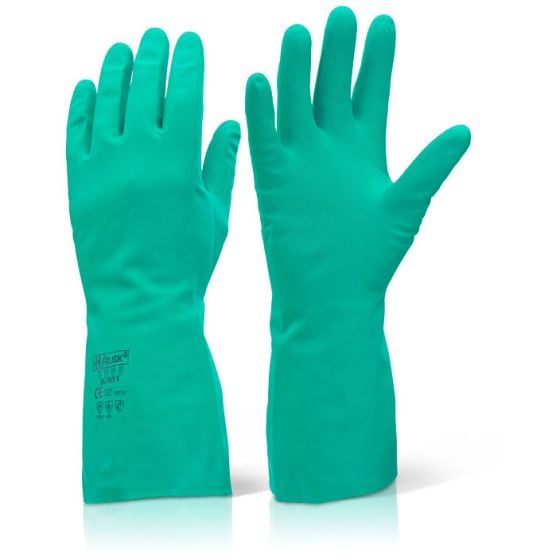 Nitrile Gauntlet 31.5cm Length Food Safe Wax Free & Flocked Lined Green MED