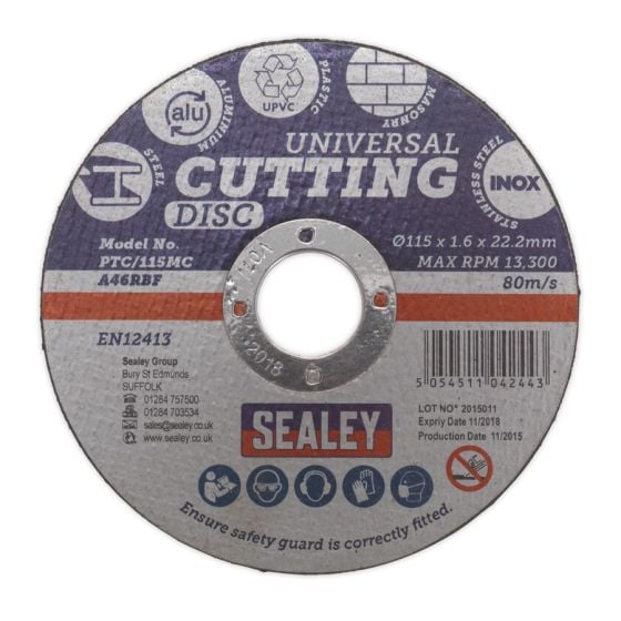 Multipurpose Cutting Disc Dia.115 x 1.6mm 22.2mm Bore Sealey Part No. PTC/115MC