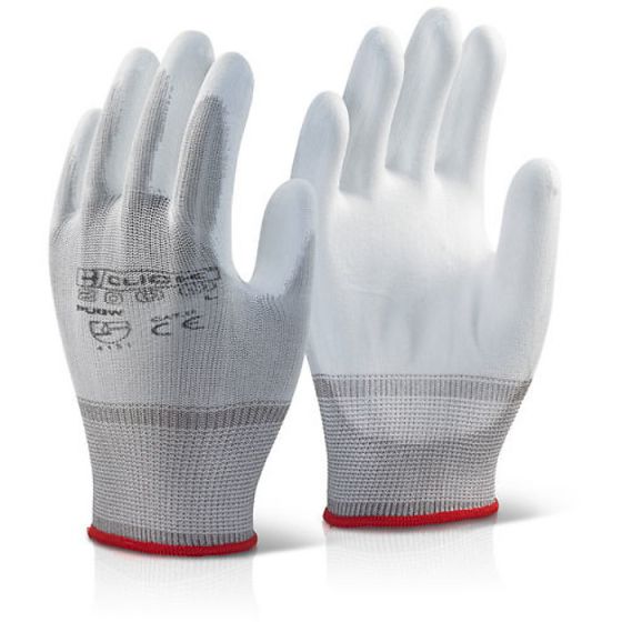 Nylon Knitted Gloves PU Coated Palm Integral Elasticated Wrist White Small