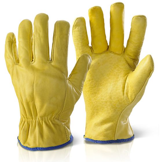 Soft Grain Leather Drivers Gloves Half Elastic Cuff Fleece Lined Yellow XL