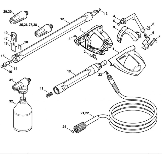 Spray Gun, Spray Lance/ Wand for Stihl RE 117, RE 127, RE 127 PLUS Cold Pressure Washers.