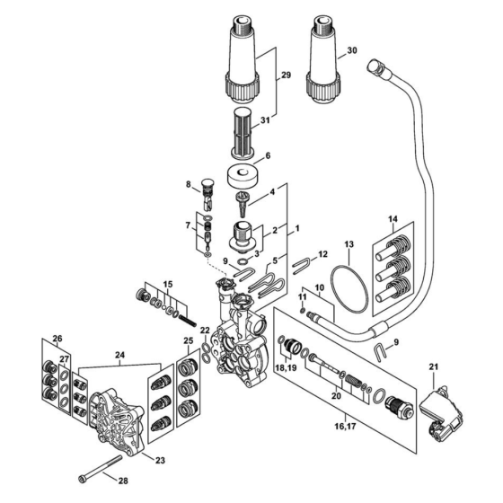 Pump, valve block for Stihl RE 130 PLUS Pressure Washer