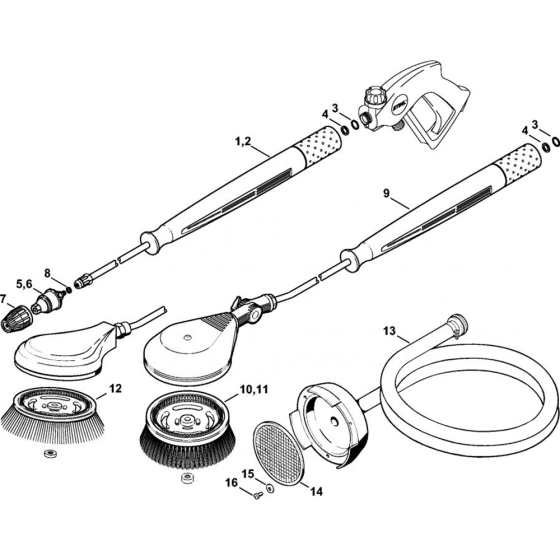 Rotory Nozzle, Rotory Washing Brush, Suction Hose Assembly for Stihl RE 360 K, RE 360 K PLUS, RE 460 K Cold Pressure Washers.