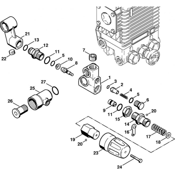 Regulation valve block ⇥ X 42 343 563 (30.2000) Assembly for Stihl RE 360 K, RE 360 K PLUS, RE 460 K Cold Pressure Washers.