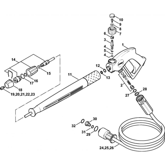 Spray Gun, Spray Lance/Wand (40.2009) Assembly for Stihl RE 361, RE 361 PLUS, RE 461, RE 461 PLUS, RE 471, RE 471 PLUS Cold Pressure Washers.