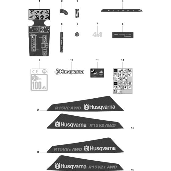 Decals Assembly for Husqvarna Rider 15V2 AWD Ride on Mowers