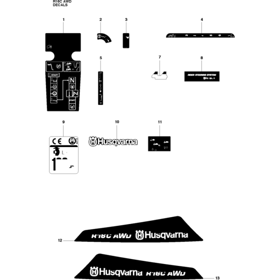 Decals Assembly for Husqvarna Rider 16 C AWD Ride on Mowers