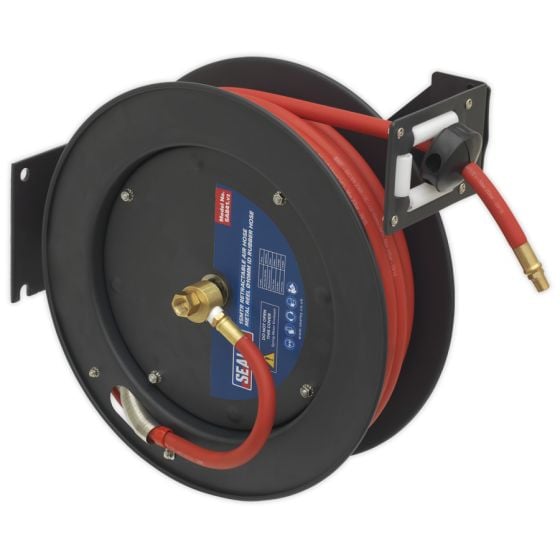 Retractable Air Hose Metal Reel 15mtr Dia.10mm ID Rubber Hose Sealey Part No. SA841