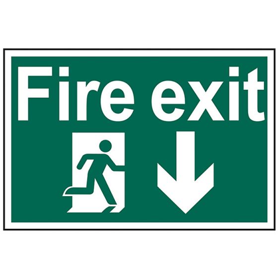 Fire Exit Running Man Arrow Down - PVC 300 x 200mm by Scan - 1503