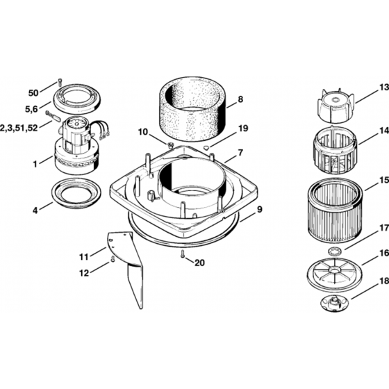 Electric Motor, Filter Assembly for Stihl SE100 Vacuum Cleaner