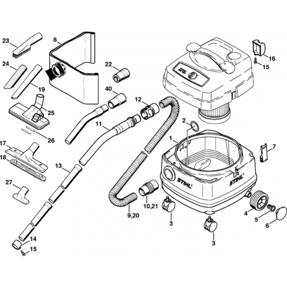 Container, Tools Assembly for Stihl SE120, SE120E Vacuum Cleaners