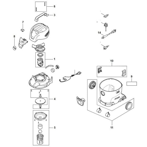 Machine cover, Connecting cable, Electric motor, Filter, Container for Stihl SE 33 Vacuum